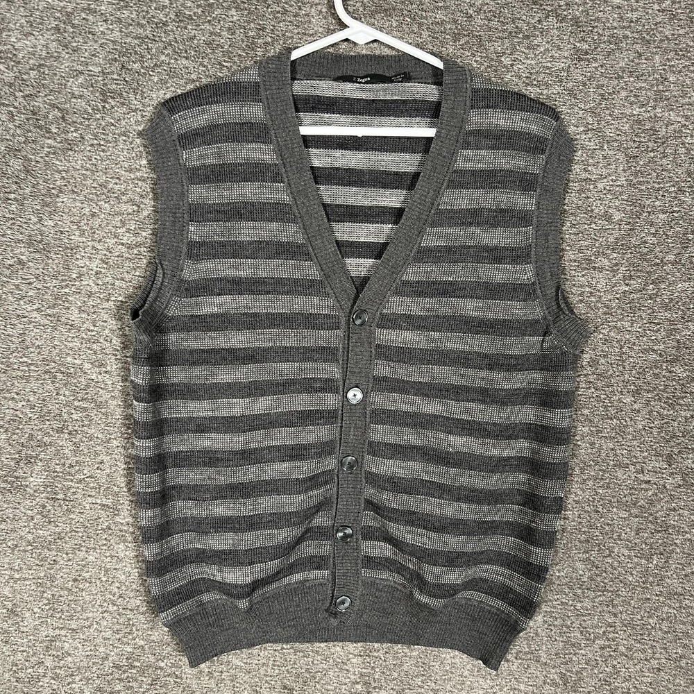 Z Zegna Sweater Vest Mens Medium Gray‎ Striped V Neck Button Knit Italy